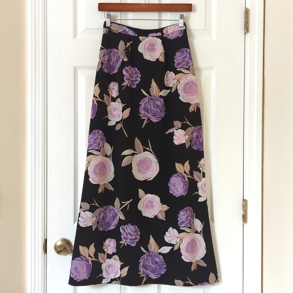 La Belle 90's Vintage Lightweight Floral High Waist Straight Maxi Skirt Black 5 - Picture 1 of 12